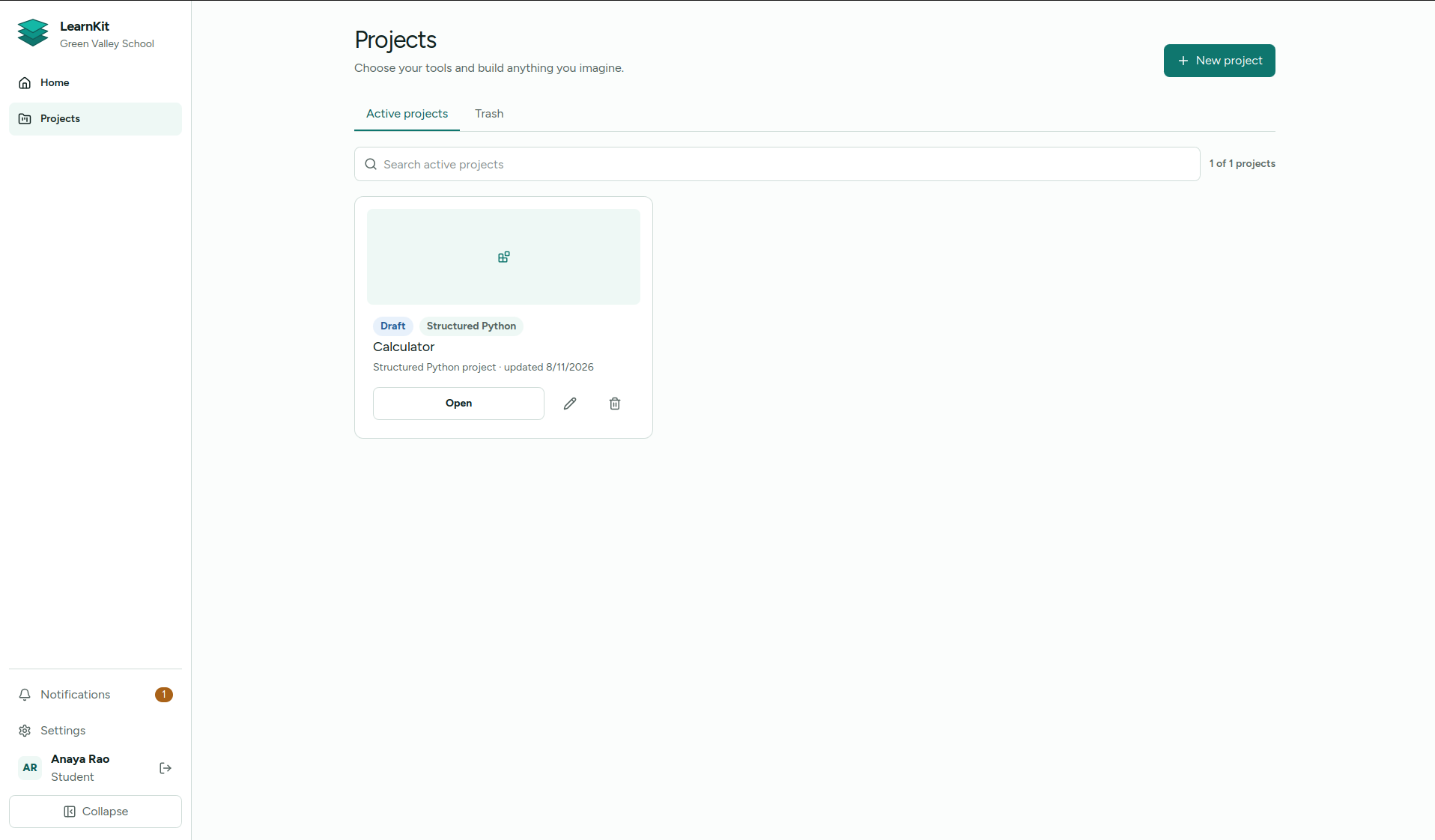 LearnKit projects page with navigation, search, and a structured Python calculator project